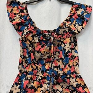 Xhilaration Black and Pink Ruffled Cap Sleeve Blouse